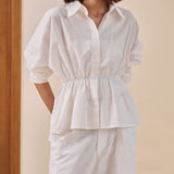 Astrid Linen Peplum Top in Off-white