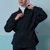 Edith High Neck Cinched Waist Sweatshirt in Black