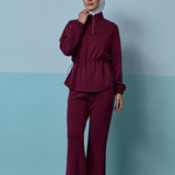 Edith High Neck Cinched Waist Sweatshirt in Burgundy