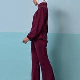 Edith High Neck Cinched Waist Sweatshirt in Burgundy