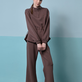 Edith High Neck Cinched Waist Sweatshirt in Dark Brown