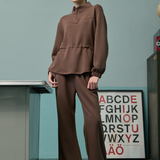 Edith High Neck Cinched Waist Sweatshirt in Dark Brown