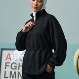 Edith High Neck Cinched Waist Sweatshirt in Black
