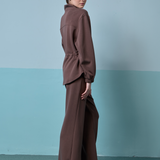 Edith High Neck Cinched Waist Sweatshirt in Dark Brown