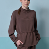 Edith High Neck Cinched Waist Sweatshirt in Dark Brown