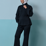 Edith High Neck Cinched Waist Sweatshirt in Black