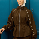 Thea Drop Shoulder Cinched Waist Hoodie in Dark Brown