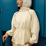 Thea Drop Shoulder Cinched Waist Hoodie in Cream