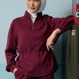 Edith High Neck Cinched Waist Sweatshirt in Burgundy
